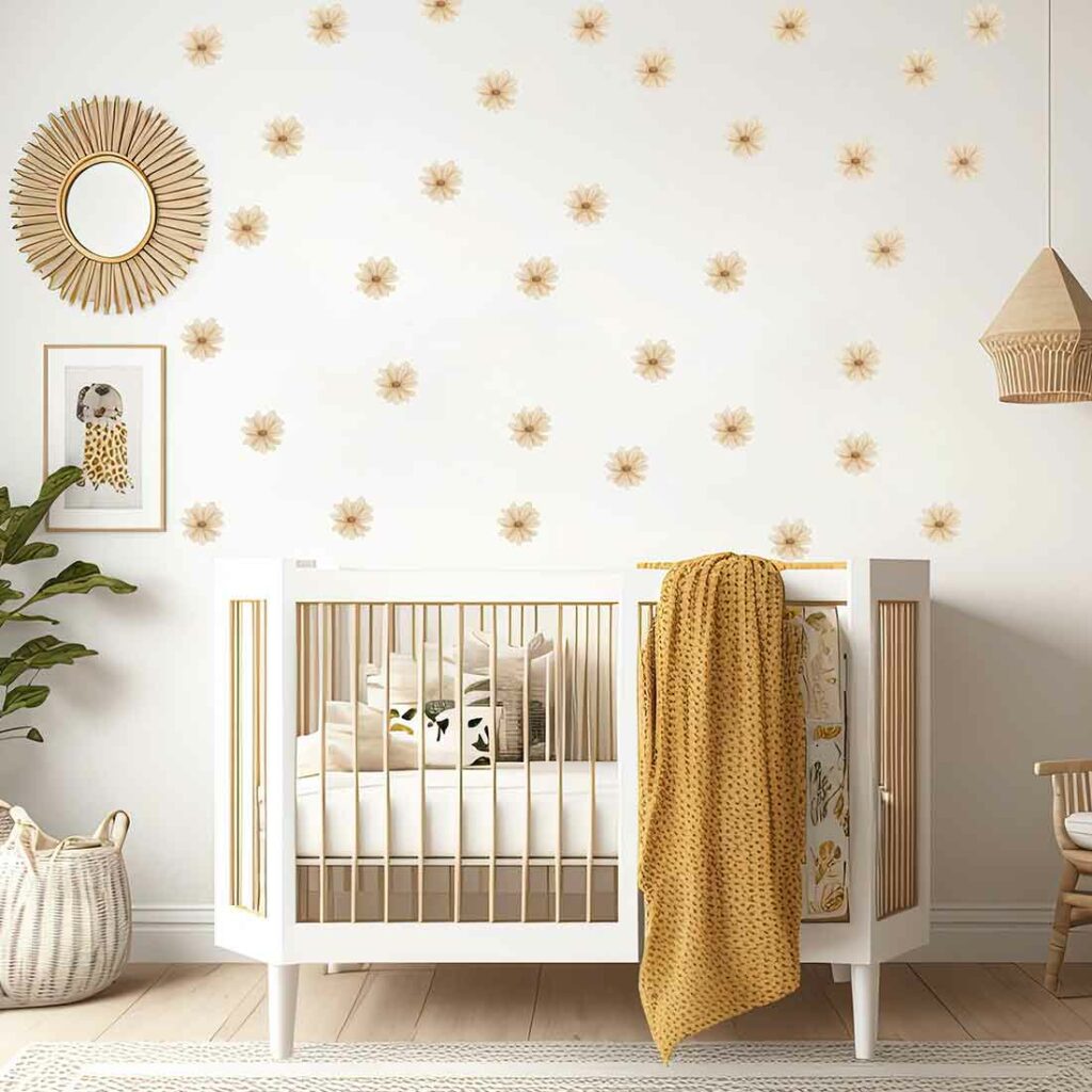 Babyrum med vit spjälsäng, senapsgul filt och väggdekoration av beige prästkragar i boho-stil.