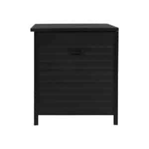 Sidovy av stängd svart dynbox i metall som visar de horisontella panelerna och benen.