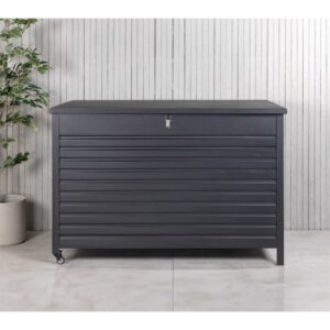 Stängd svart dynbox i metall med låsspänne och hjul, intill krukväxt på stengolv.