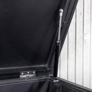 Närbild på insidan av Tiana dynbox i svart metall, visar gasfjädern och gångjärnet som håller locket öppet