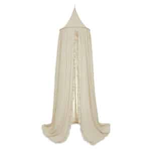 Produktbild på en nougatfärgad sänghimmel med dekorativ volang från Jollein för en vintage-stil.